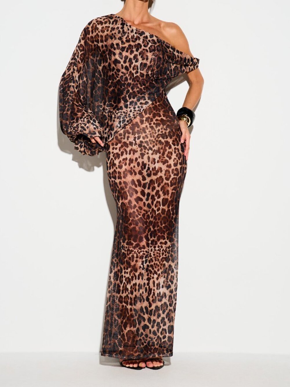 Multicolor One-Shoulder Women's Leopard Print Maxi Dress